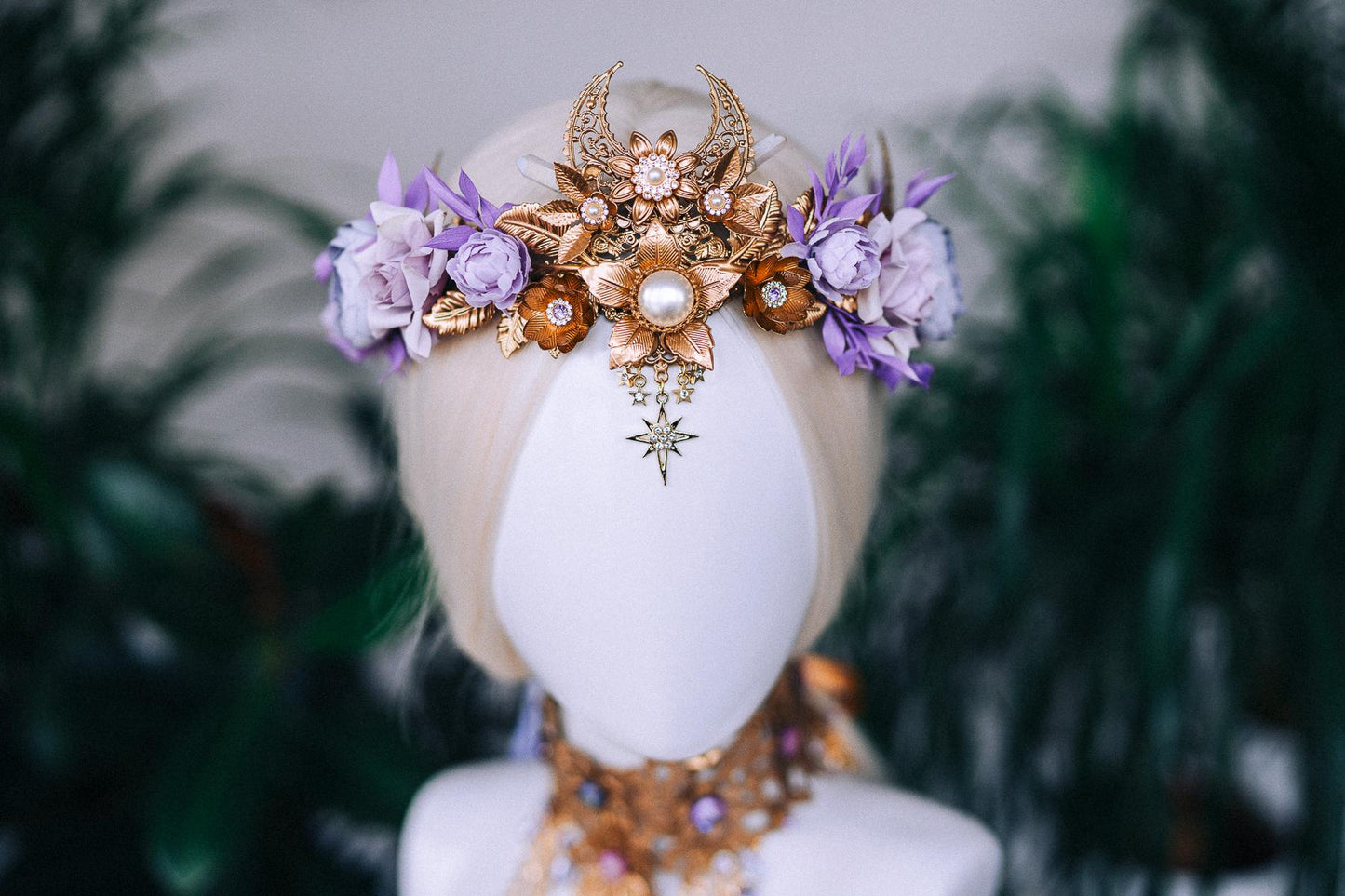 Lavender flower crown, Fairy crown, Purple flower crown, Flower crown, Necklace, Choker, Gold necklace, Boho jewelry, Wedding crown