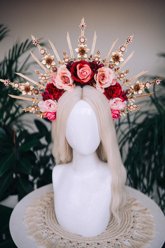 Flower halo crown, Red flower crown,  Gold goddess headpiece, Wedding crown, Bridal headpiece, Gold crown, Gold halo crown