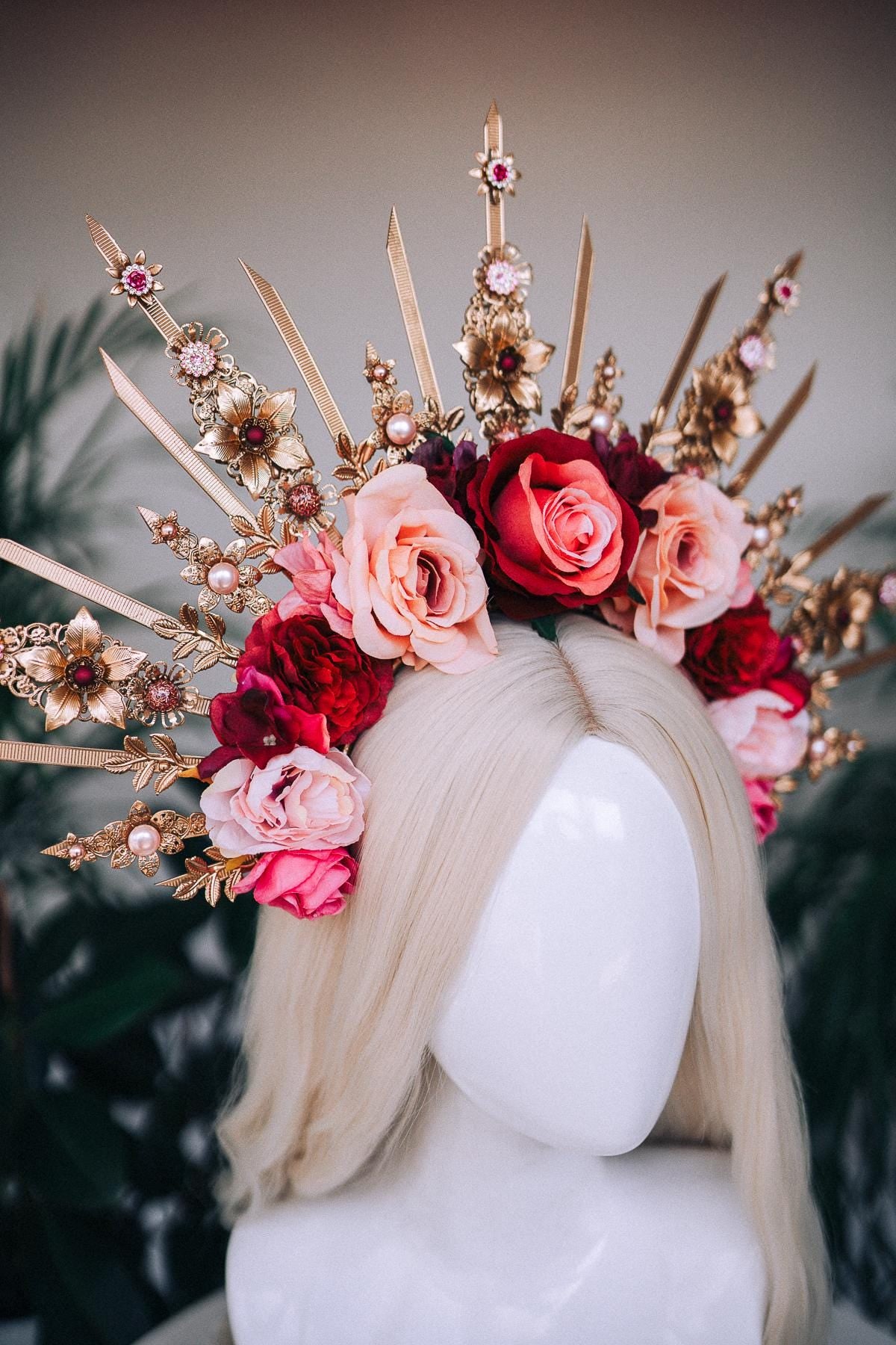 Flower halo crown, Red flower crown, Gold goddess headpiece, Wedding crown, Bridal headpiece, Gold crown, Gold halo crown