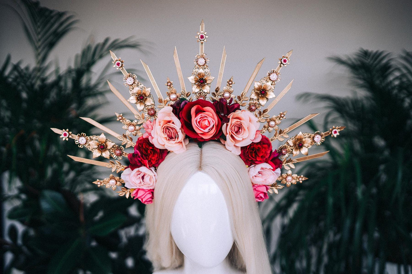 Flower halo crown, Red flower crown, Gold goddess headpiece, Wedding crown, Bridal headpiece, Gold crown, Gold halo crown