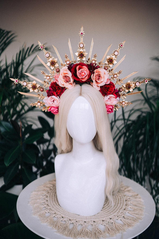 Flower halo crown, Red flower crown,  Gold goddess headpiece, Wedding crown, Bridal headpiece, Gold crown, Gold halo crown