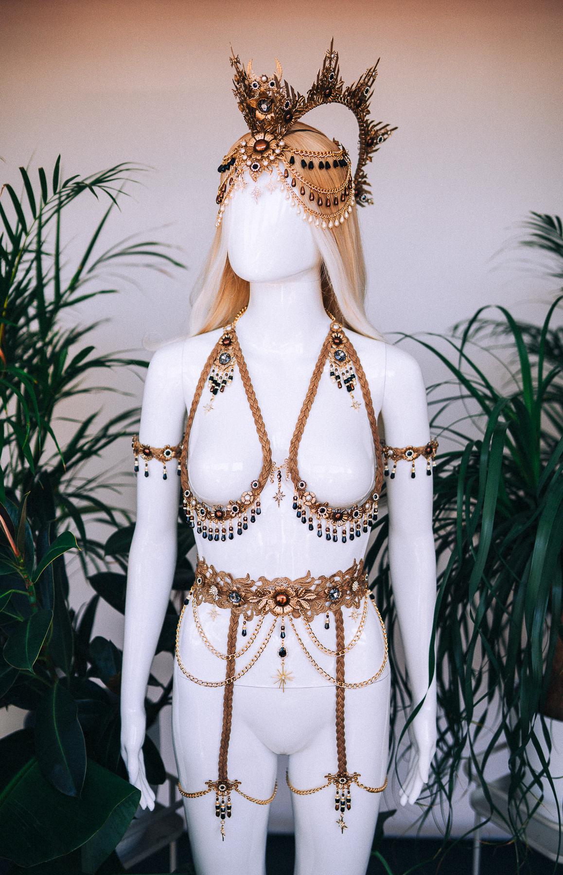 Gold faux leather bra, Festival top, Festival bra, Boho jewelry,  Festival outfit, Shaman jewelry, Halloween costume, Rave outfit