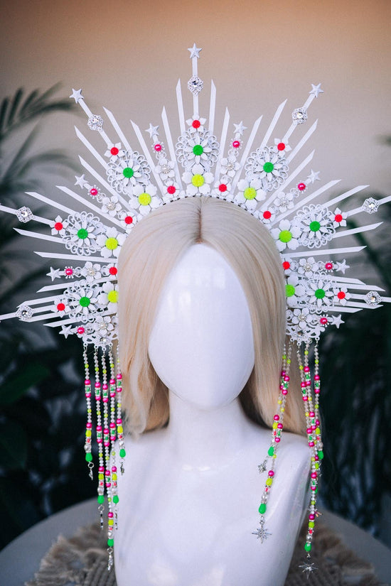 Neon white halo crown, Festival crown, Rainbow festival crown, Halo crown, Halo Headband, Rave outfit, UV active crown, Colorful halo crown