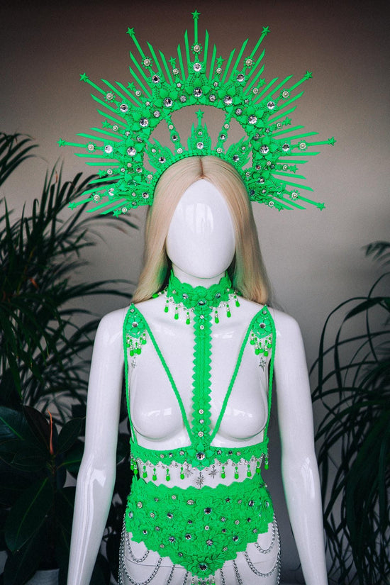 Neon green festival harness, Festival wear, Halloween costume, Silver harness, Silver body chain, Celestial, Goddess, Neon rave harness