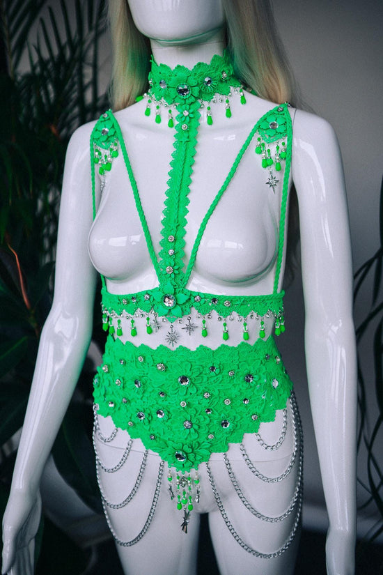 Neon green festival harness, Festival wear, Halloween costume, Silver harness, Silver body chain, Celestial, Goddess, Neon rave harness