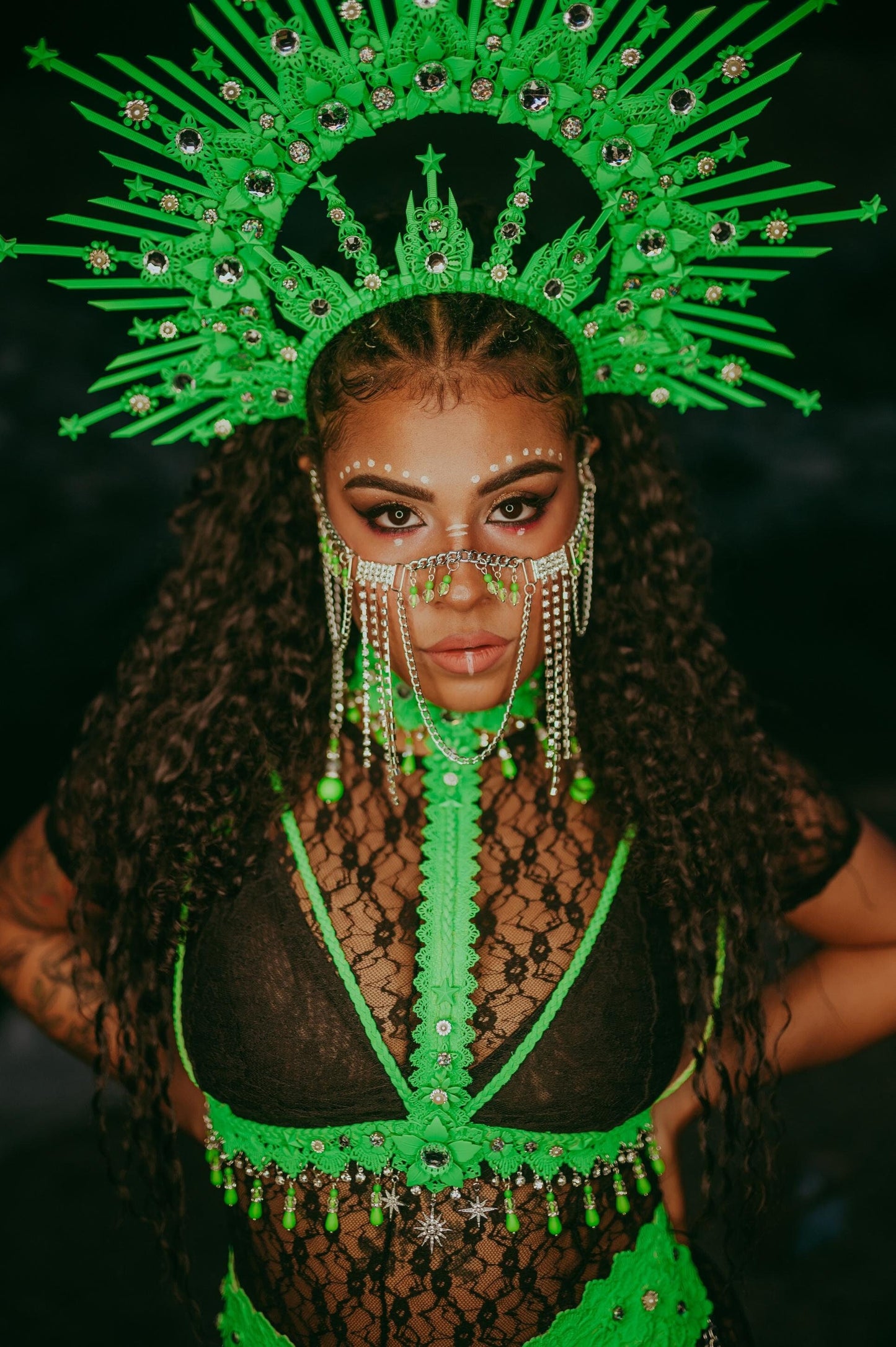 Festival face jewelry in neon green