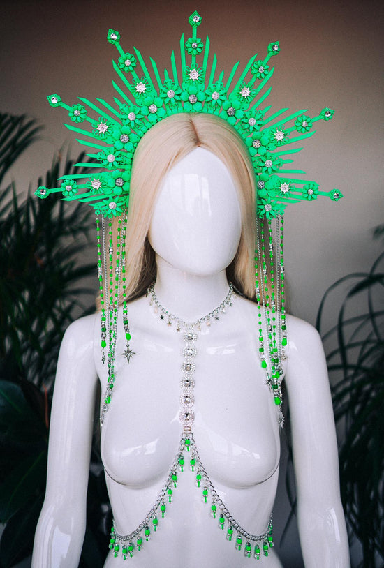 Neon green festival harness, Festival wear, Halloween costume, Silver harness, Silver body chain, Celestial, Goddess, Neon rave harness