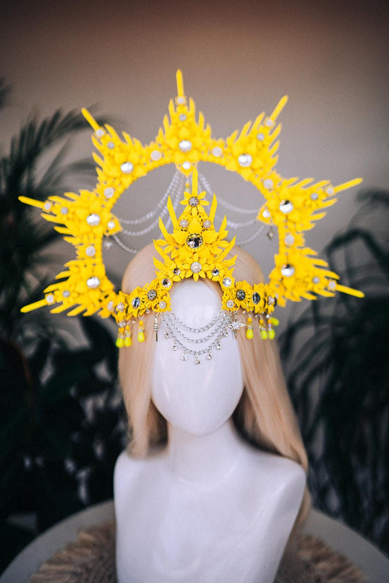 Neon yellow halo crown, Festival crown, Sun festival crown, Halo crown, Halo Headband, Rave outfit, UV active crown, Colorful halo crown