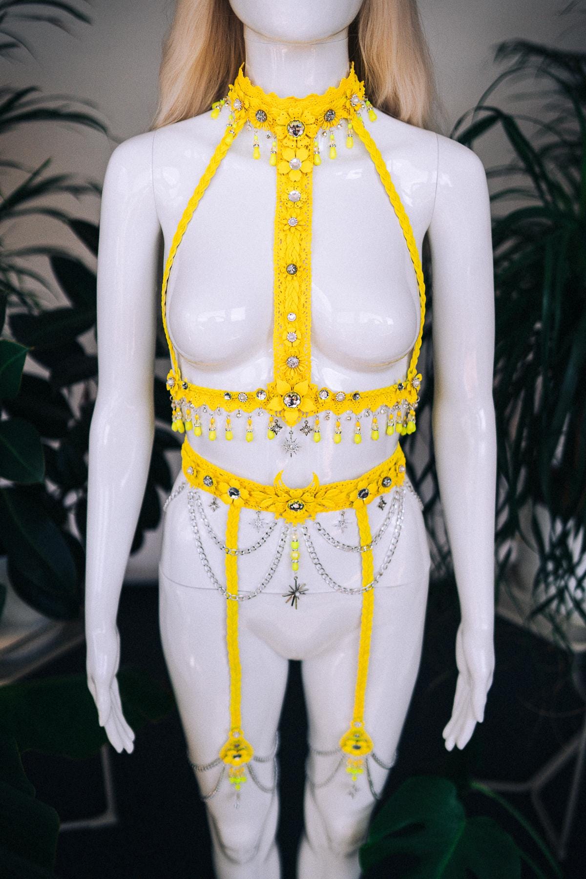 Neon yellow festival harness, Festival wear, Halloween costume, Silver harness, Silver body chain, Celestial, Goddess, Neon rave harness