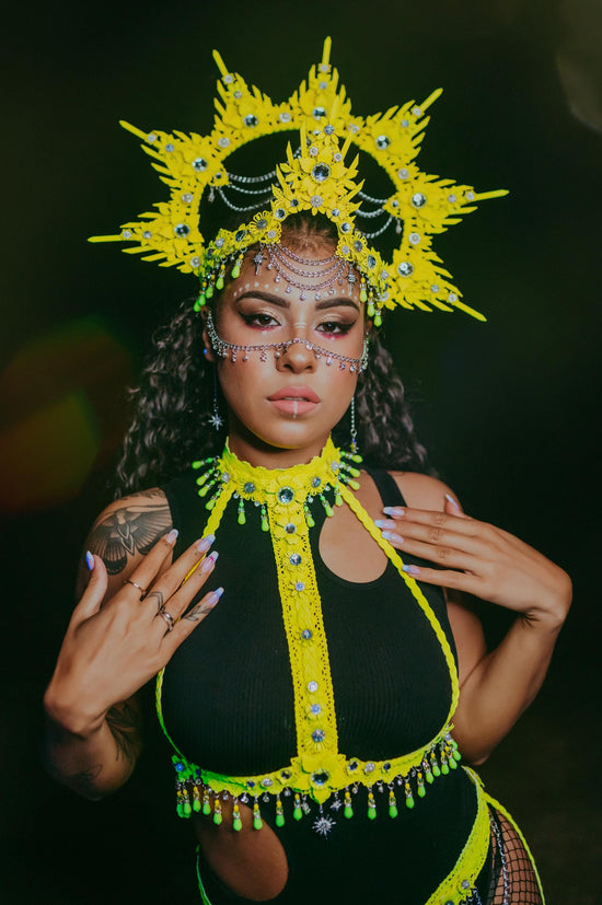 Neon yellow festival harness, Festival wear, Halloween costume, Silver harness, Silver body chain, Celestial, Goddess, Neon rave harness