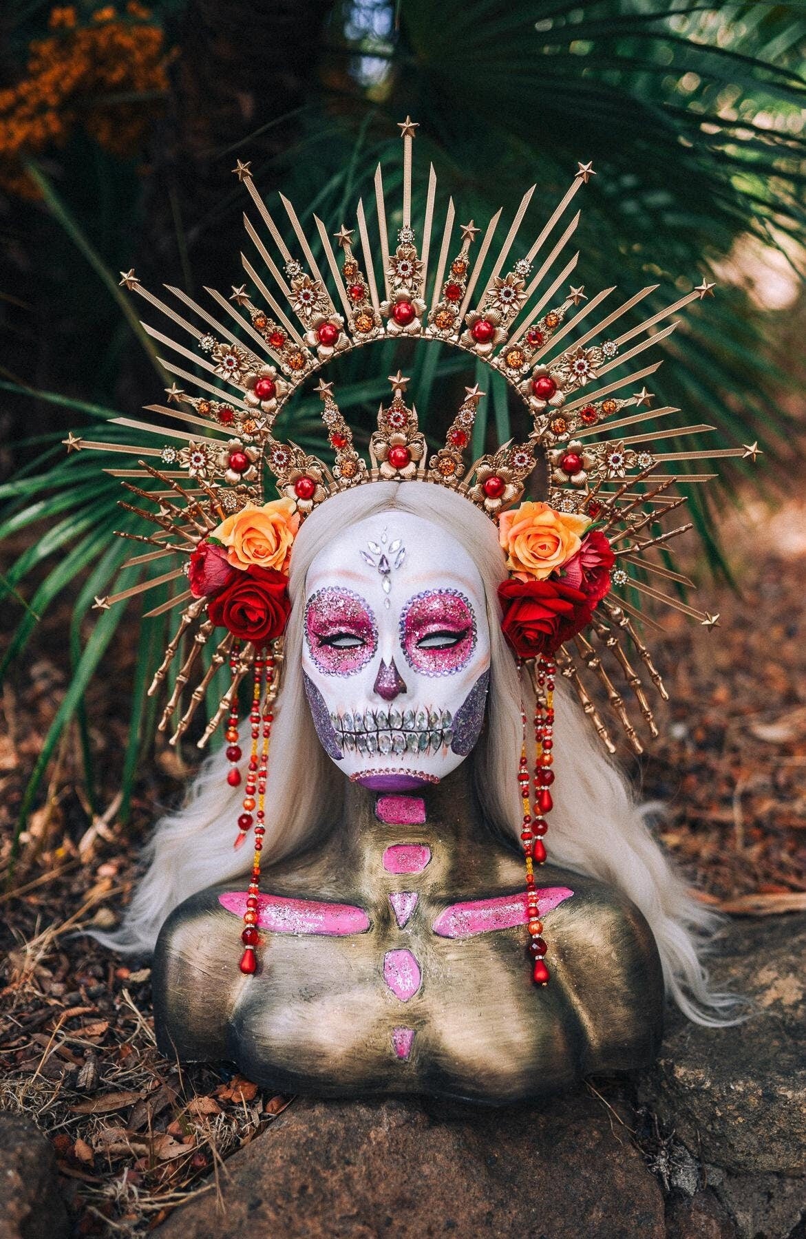 Red La Catrina crown with halo