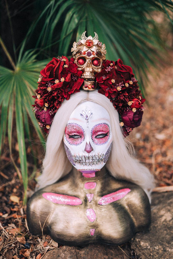 Red flower crown, Sugar skull, La Catrina flower crown, Halloween headband, Halloween costume, Day of the Dead headpiece, Flower crown