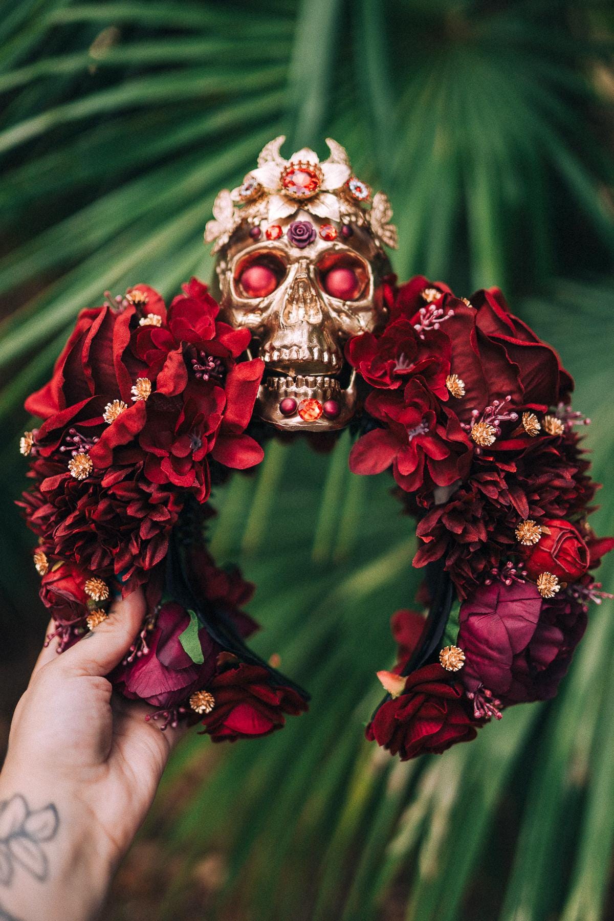 Red flower crown, Sugar skull, La Catrina flower crown, Halloween headband, Halloween costume, Day of the Dead headpiece, Flower crown