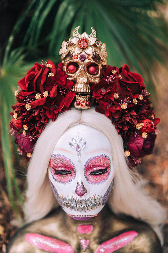 Red flower crown, Sugar skull, La Catrina flower crown, Halloween headband, Halloween costume, Day of the Dead headpiece, Flower crown