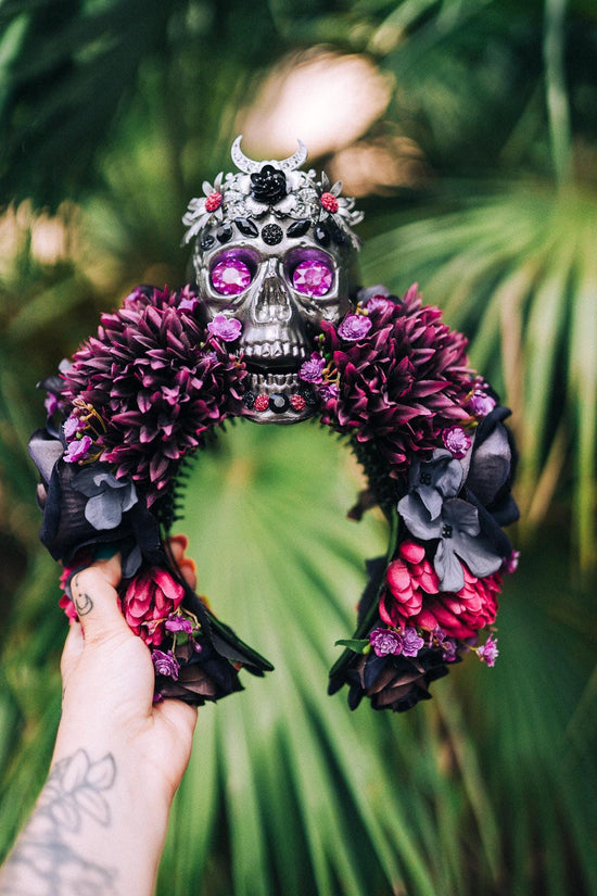 Purple flower crown, Gold halo crown, La Catrina crown, Halloween headband, Halloween costume, Halloween headpiece, Flower headpiece, Spooky