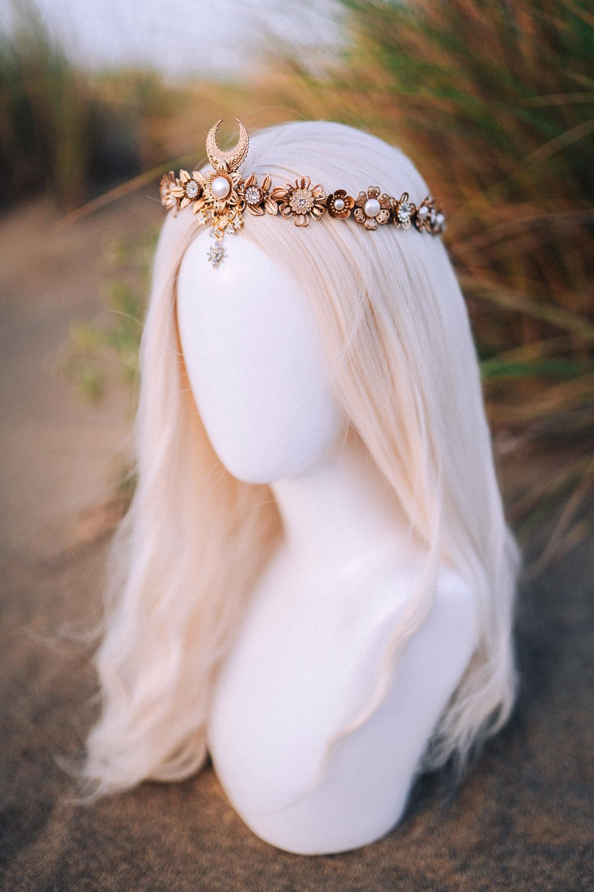 Moon Goddess Tiara, Gold Crescent Moon Headpiece with Pearls Crystals, Elegant Bridal Crown for Weddings Festivals Special Occasions