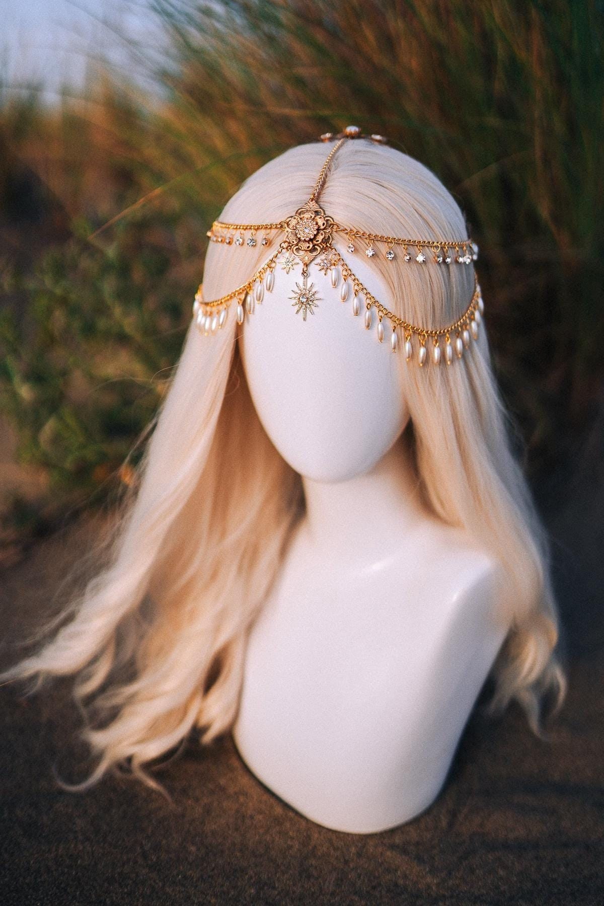 Romantic gold headband with glass pearl beads