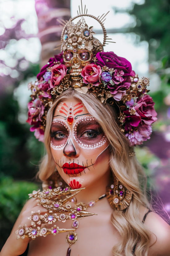 Purple flower crown, Sugar skull, La Catrina flower crown, Halloween headband, Halloween costume, Day of the Dead headpiece, Flower crown