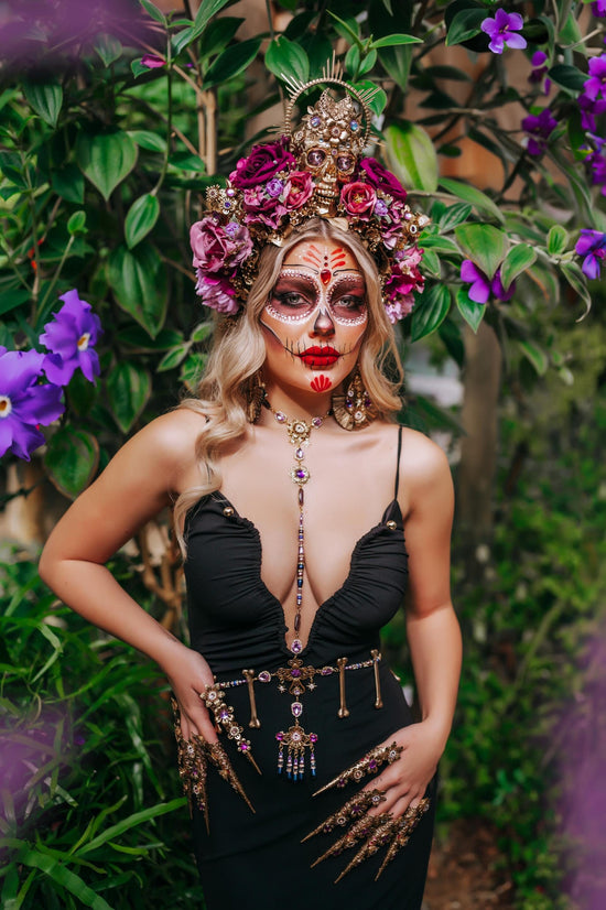 Purple Catrina flower crown and harness