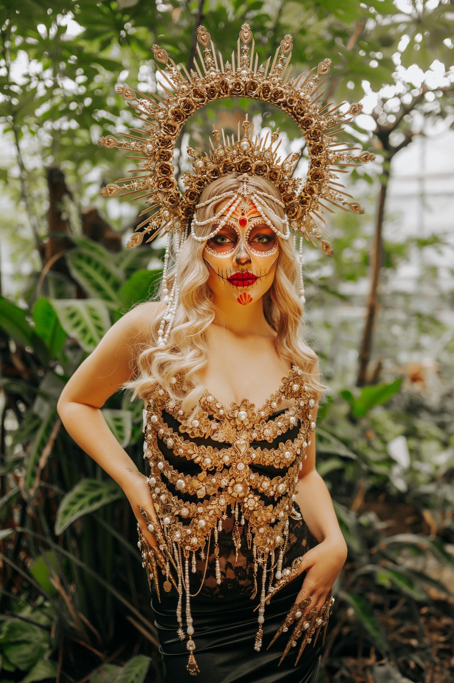 Gold Catrina halo crown with pearls, Day of thedead