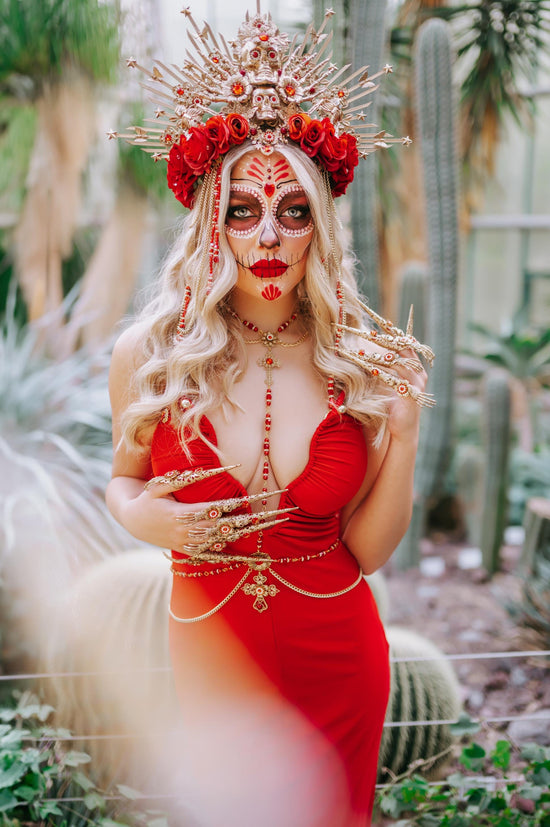 Red flower crown, Sugar skull, La Catrina flower crown, Halloween headband, Halloween costume, Day of the Dead headpiece, Flower crown