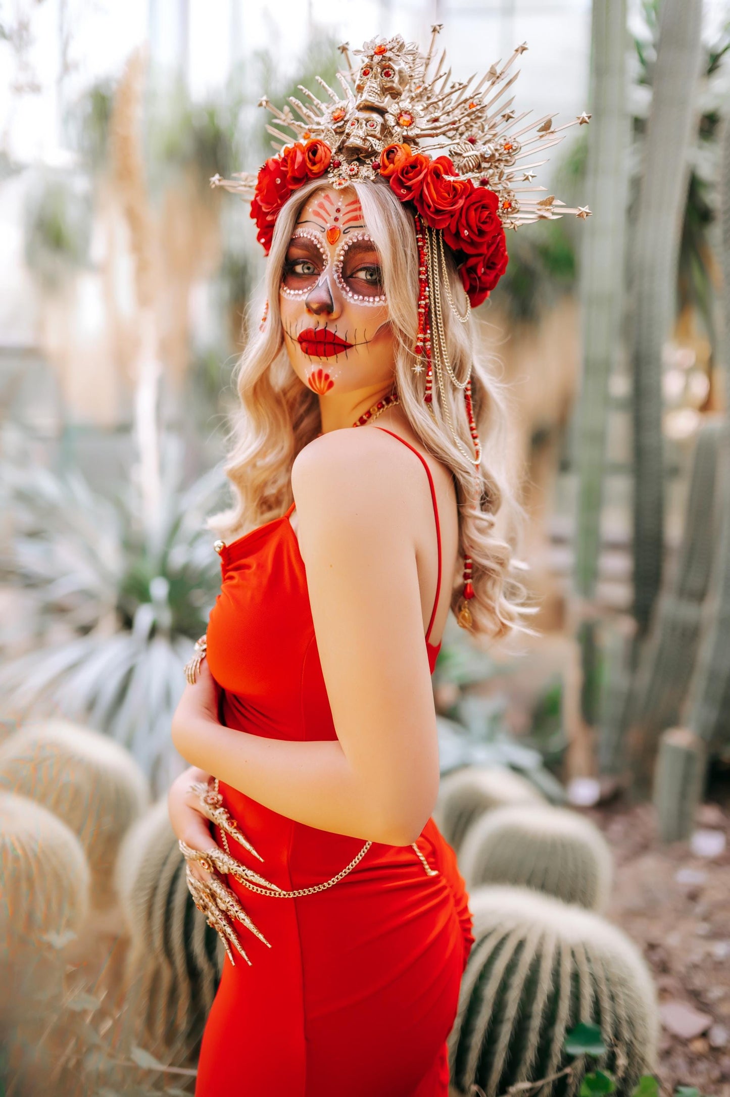 Red flower crown, Sugar skull, La Catrina flower crown, Halloween headband, Halloween costume, Day of the Dead headpiece, Flower crown