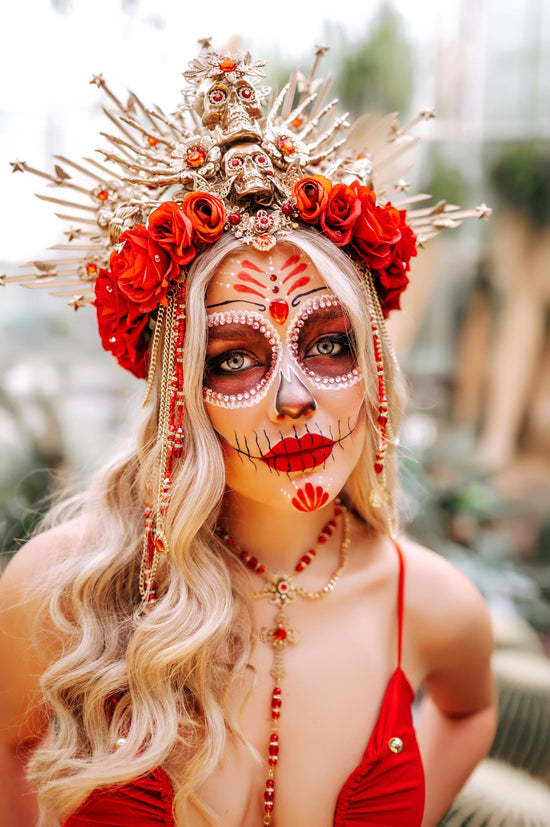 Red flower crown, Sugar skull, La Catrina flower crown, Halloween headband, Halloween costume, Day of the Dead headpiece, Flower crown