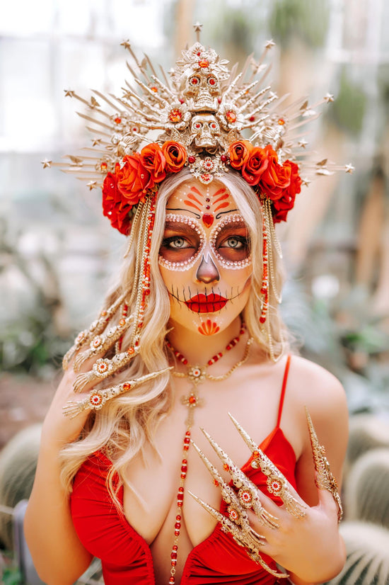 Red flower crown, Sugar skull, La Catrina flower crown, Halloween headband, Halloween costume, Day of the Dead headpiece, Flower crown