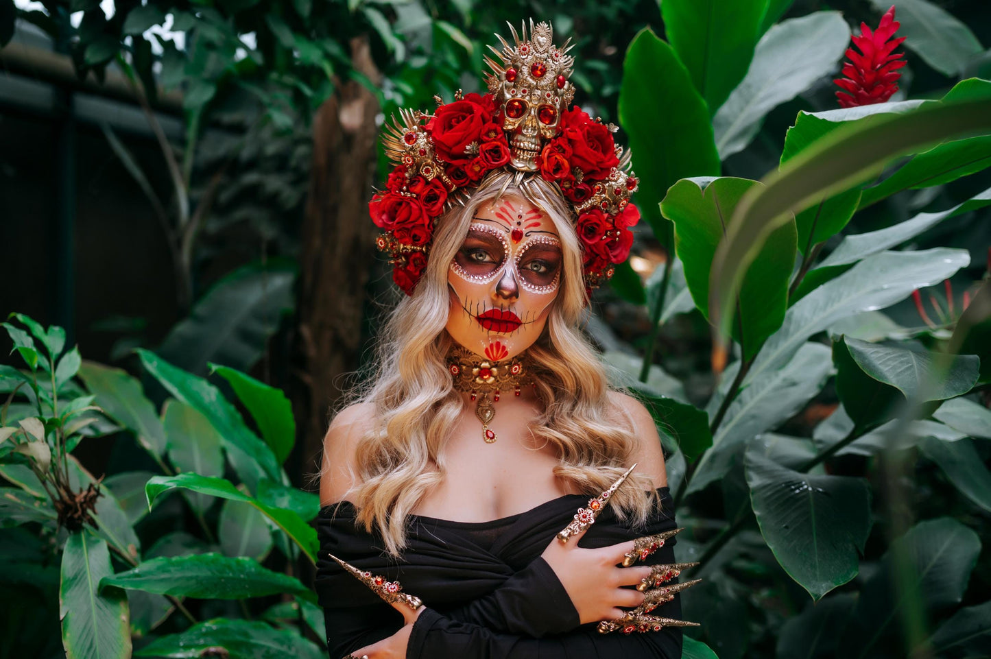 Red flower crown, Sugar skull, La Catrina flower crown, Halloween headband, Halloween costume, Day of the Dead headpiece, Flower crown