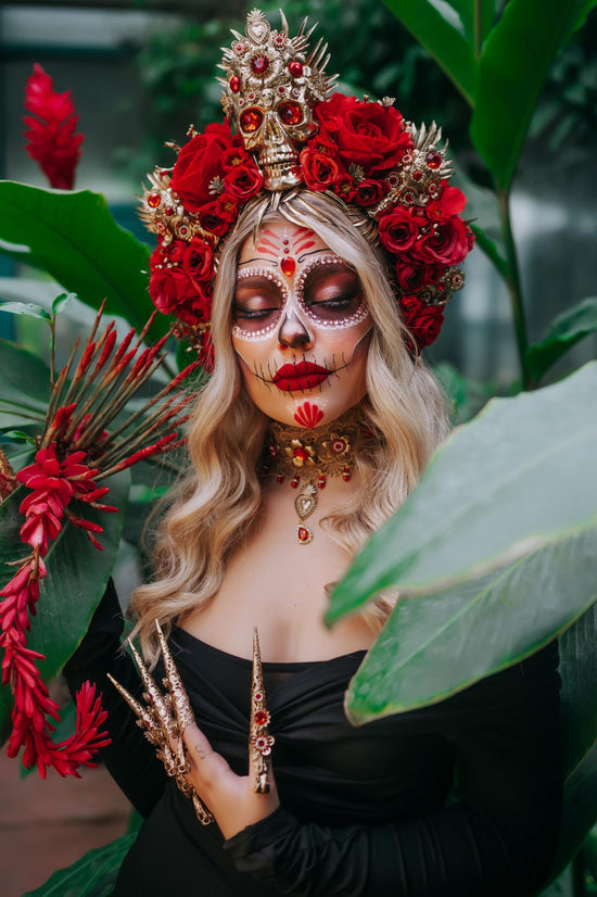 Red flower crown, Sugar skull, La Catrina flower crown, Halloween headband, Halloween costume, Day of the Dead headpiece, Flower crown