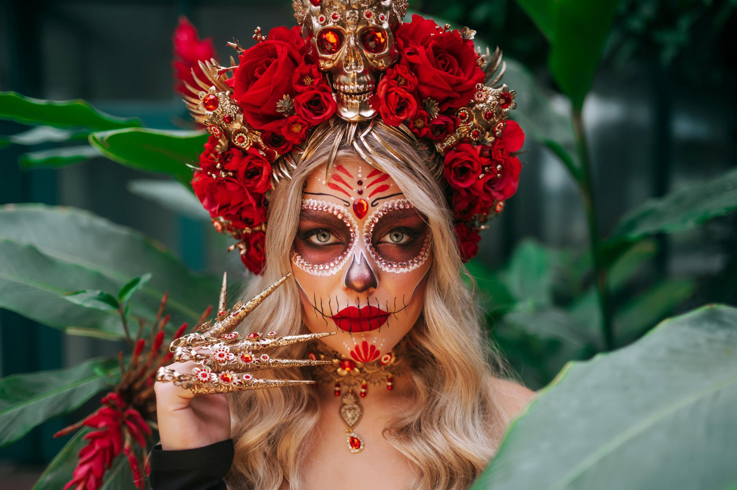 Red flower crown, Sugar skull, La Catrina flower crown, Halloween headband, Halloween costume, Day of the Dead headpiece, Flower crown