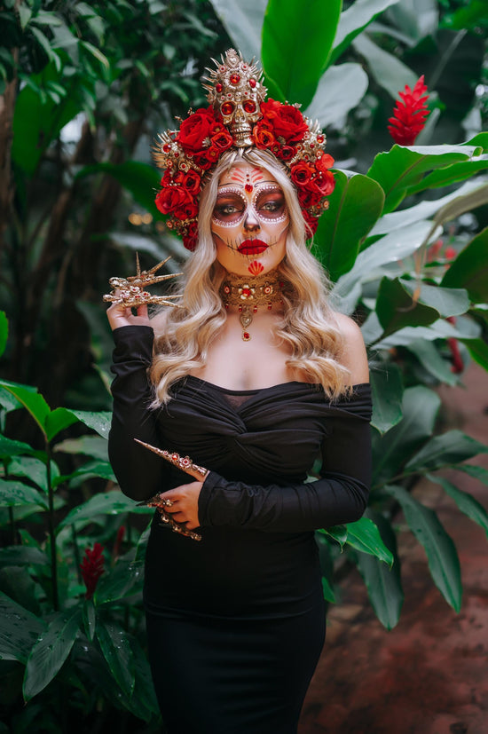 Red Catrina flower crown, Day of the dead