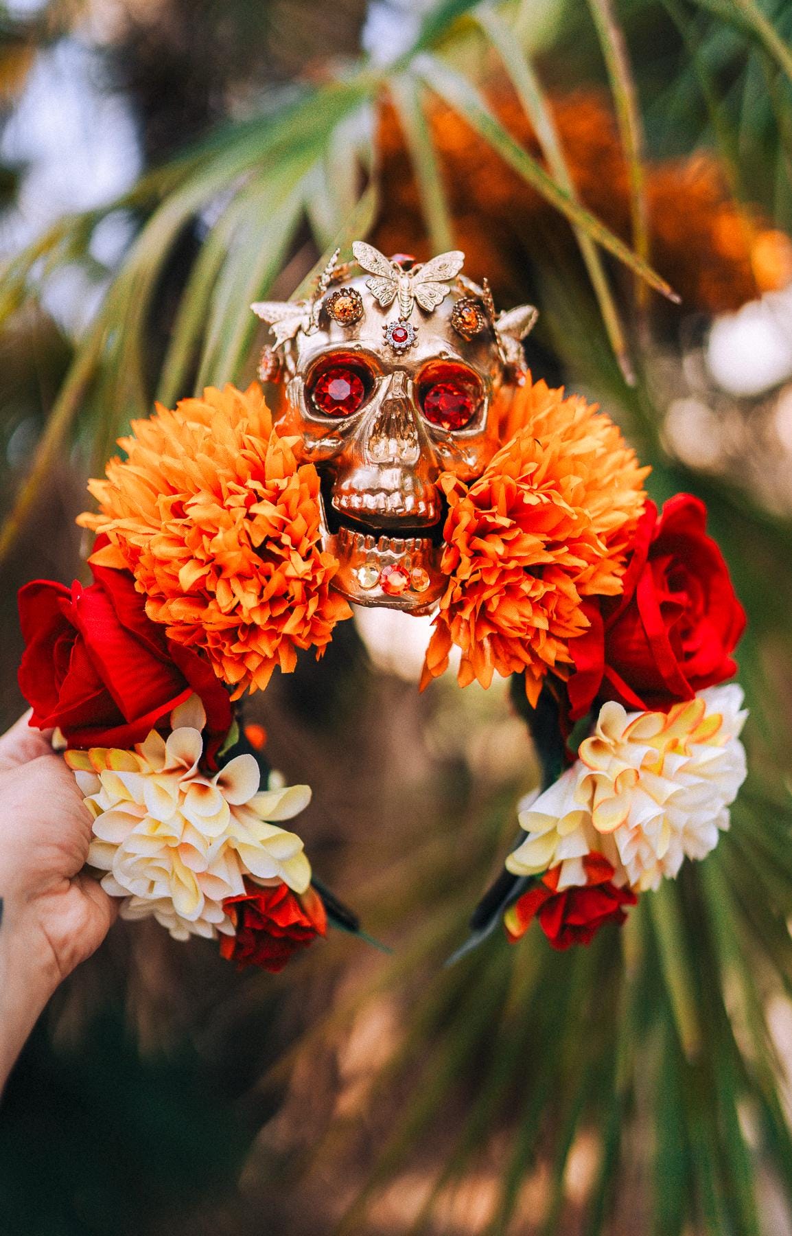 Pink flower crown, Gold halo crown, La Catrina crown, Halloween headband, Halloween costume, Halloween headpiece, Flower headpiece, Spooky