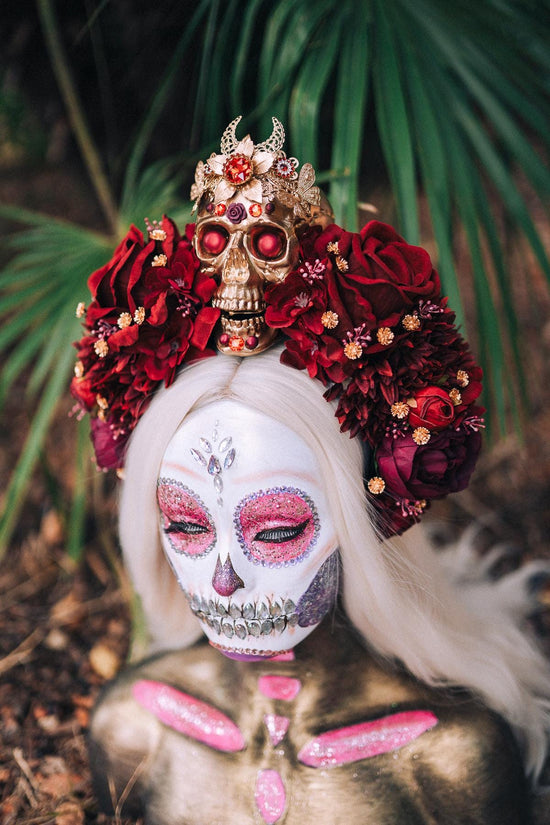 Red flower crown, Sugar skull, La Catrina flower crown, Halloween headband, Halloween costume, Day of the Dead headpiece, Flower crown