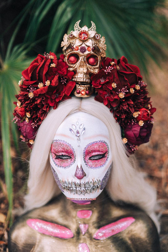 Red flower crown, Sugar skull, La Catrina flower crown, Halloween headband, Halloween costume, Day of the Dead headpiece, Flower crown