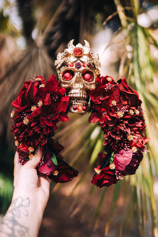 Red flower crown, Sugar skull, La Catrina flower crown, Halloween headband, Halloween costume, Day of the Dead headpiece, Flower crown