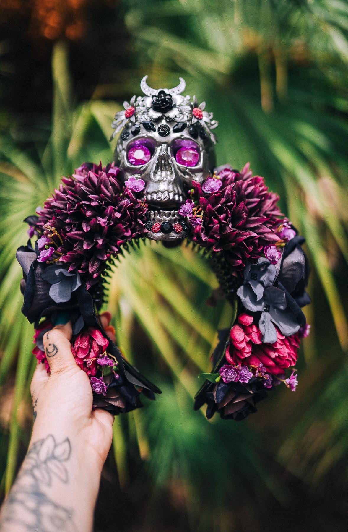 Purple flower crown, Gold halo crown, La Catrina crown, Halloween headband, Halloween costume, Halloween headpiece, Flower headpiece, Spooky