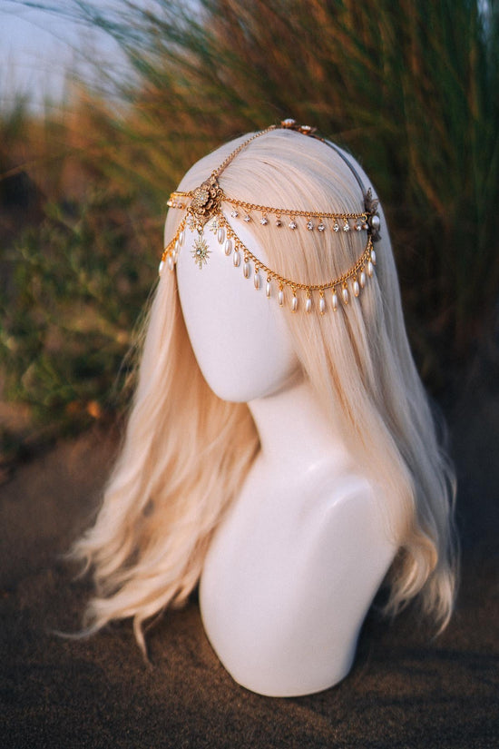 Celestial jewelry, Chain Headband, Festival Headpiece, Pearl Crown, Wedding crown, Bridal headpiece, Bridal crown, Hair accessories, Boho