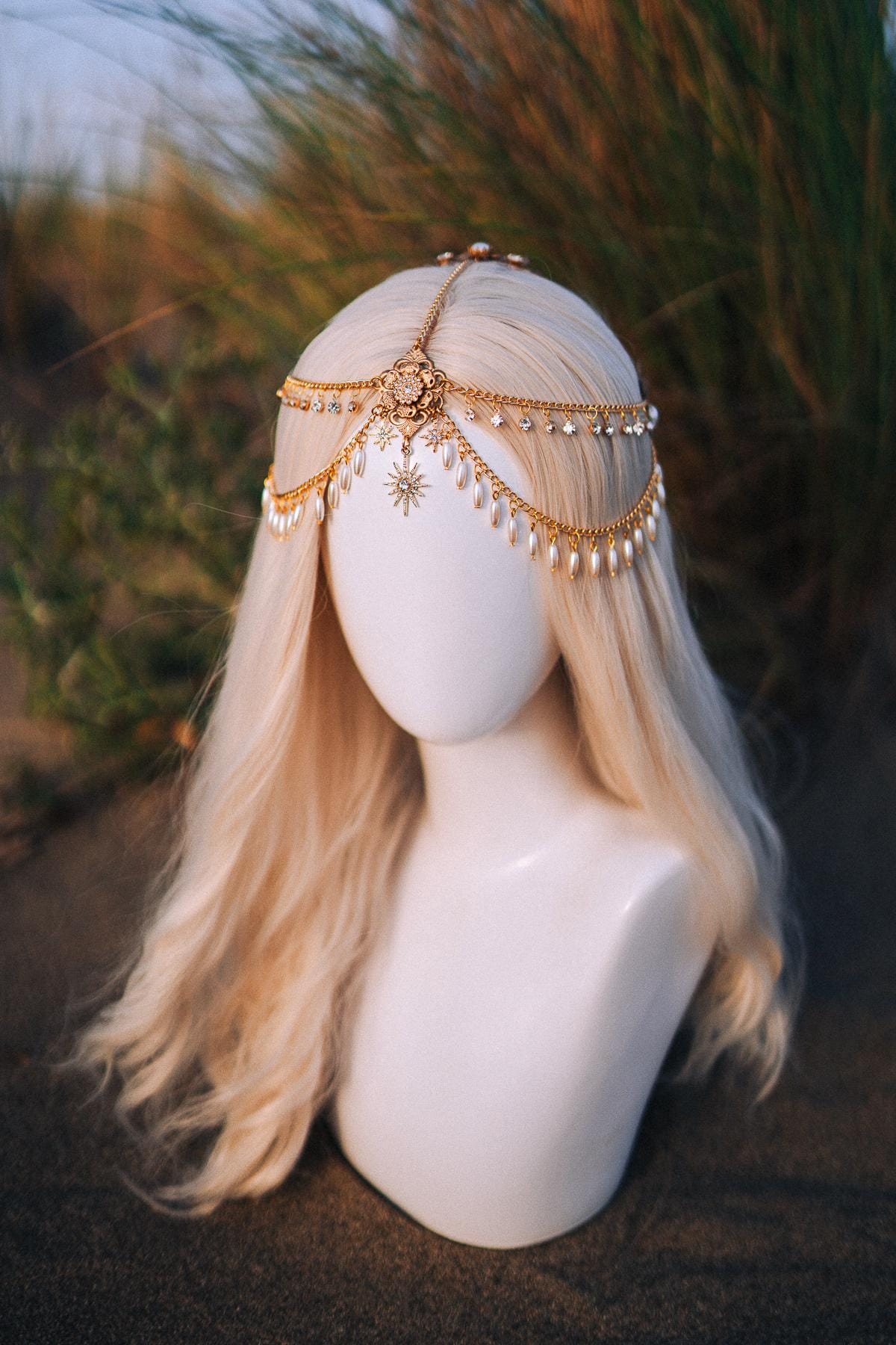 Celestial jewelry, Chain Headband, Festival Headpiece, Pearl Crown, Wedding crown, Bridal headpiece, Bridal crown, Hair accessories, Boho