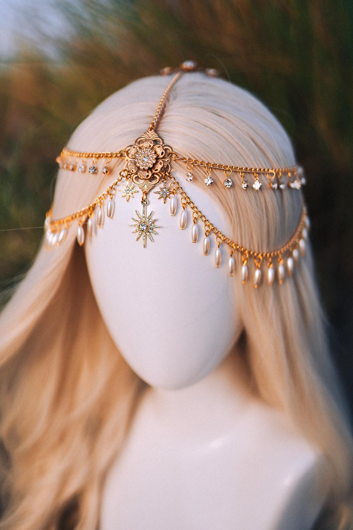 Gold Pearl Chain Tiara, Elegant Bridal Headpiece with Stars Crystals Pearls, Luxury Wedding Crown for Brides Festivals Special Occasions