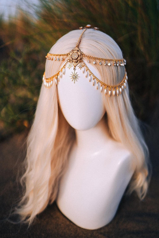 Celestial jewelry, Chain Headband, Festival Headpiece, Pearl Crown, Wedding crown, Bridal headpiece, Bridal crown, Hair accessories, Boho