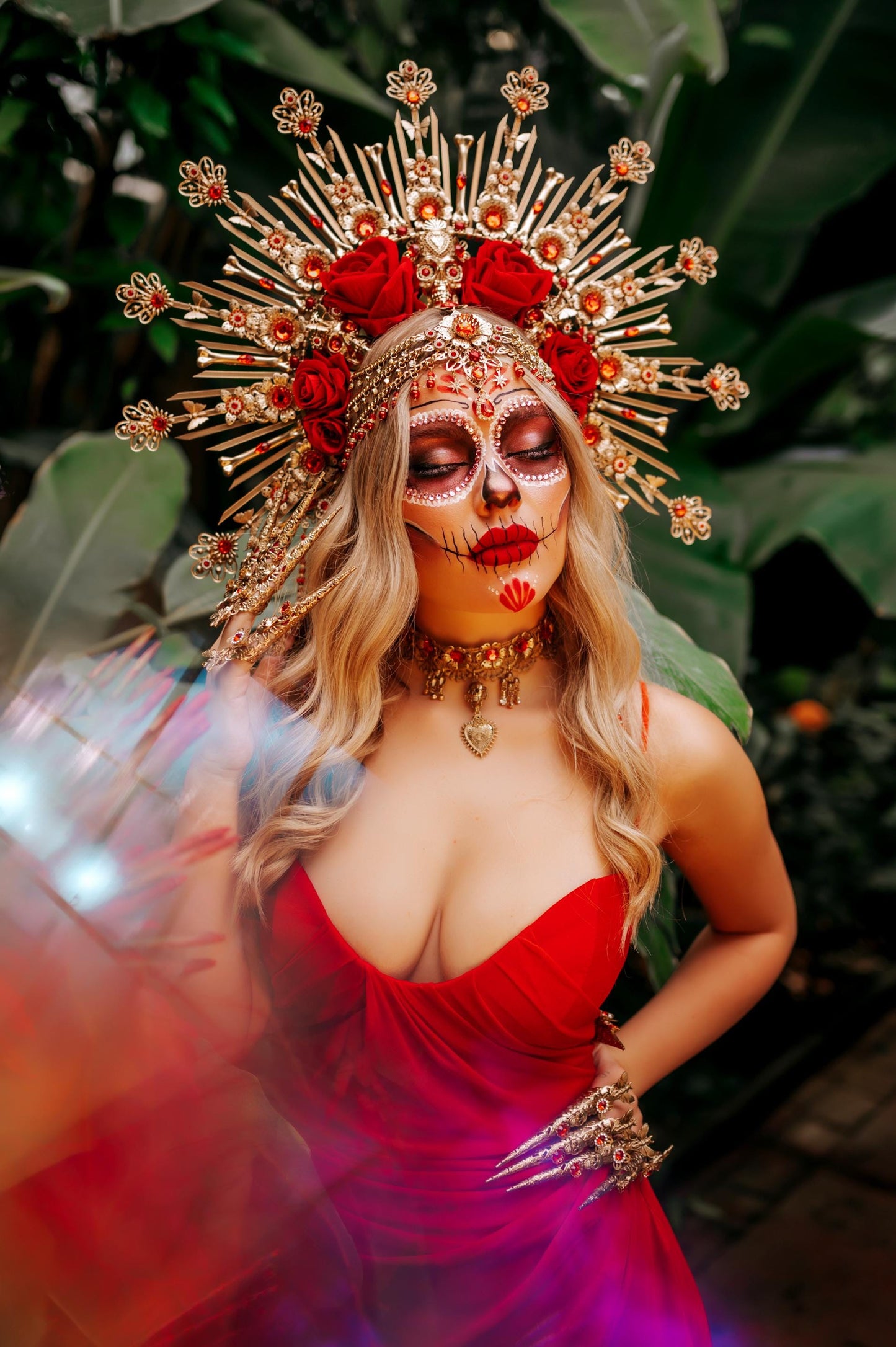 Red flower halo crown, Sugar skull, La Catrina flower crown, Halloween headband, Halloween costume, Day of the Dead headpiece, Flower crown