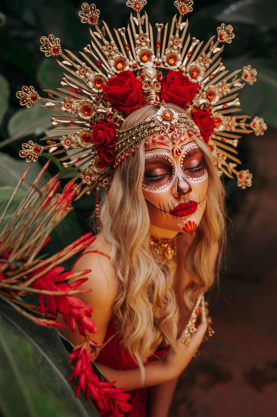 Red flower halo crown, Sugar skull, La Catrina flower crown, Halloween headband, Halloween costume, Day of the Dead headpiece, Flower crown