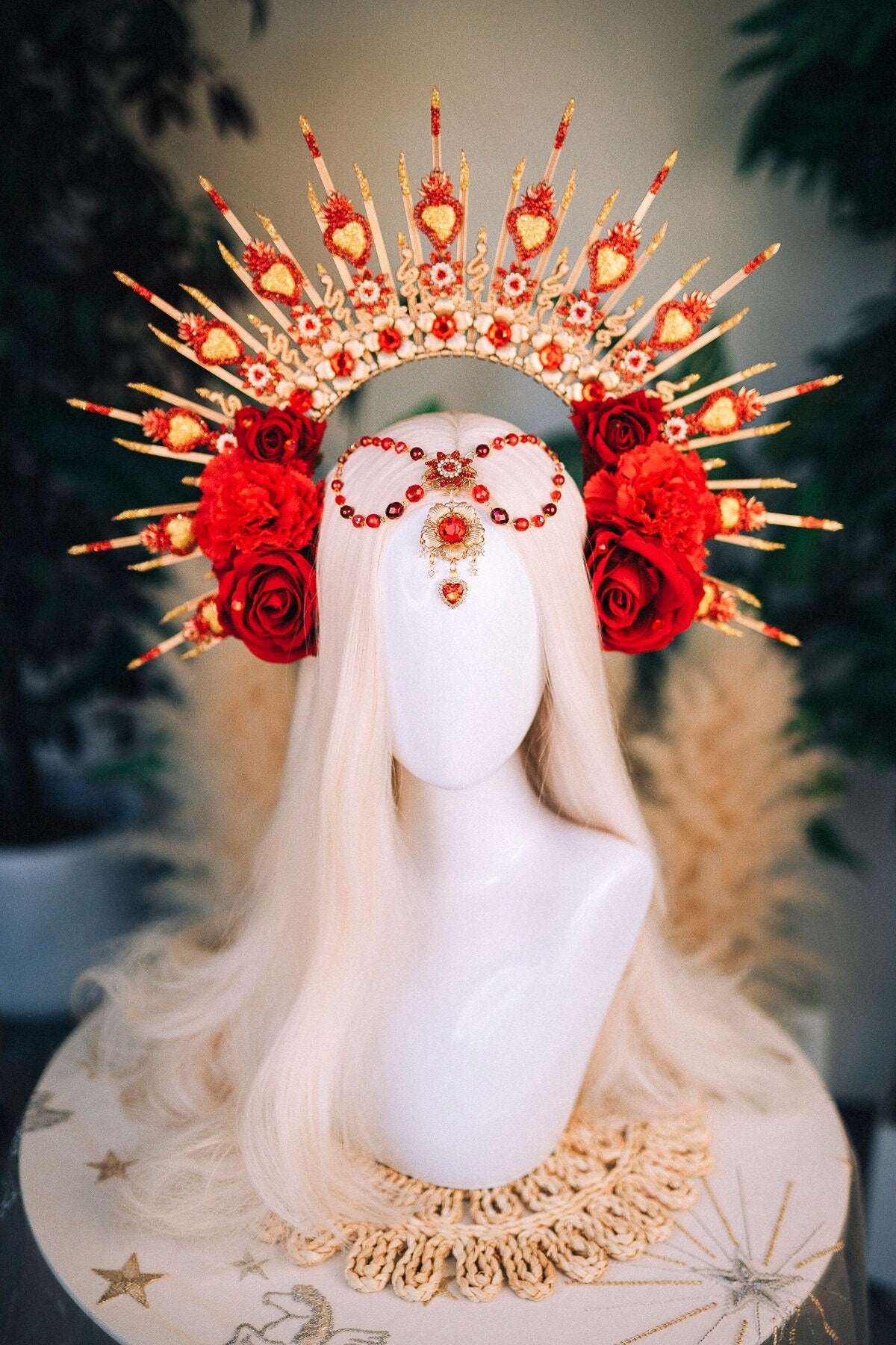 SALE Red flower crown, La Catrina crown, Flower headpiece, Sacred heart, Flower headpiece, Halloween costume, Sugar skull, Skeleton costume