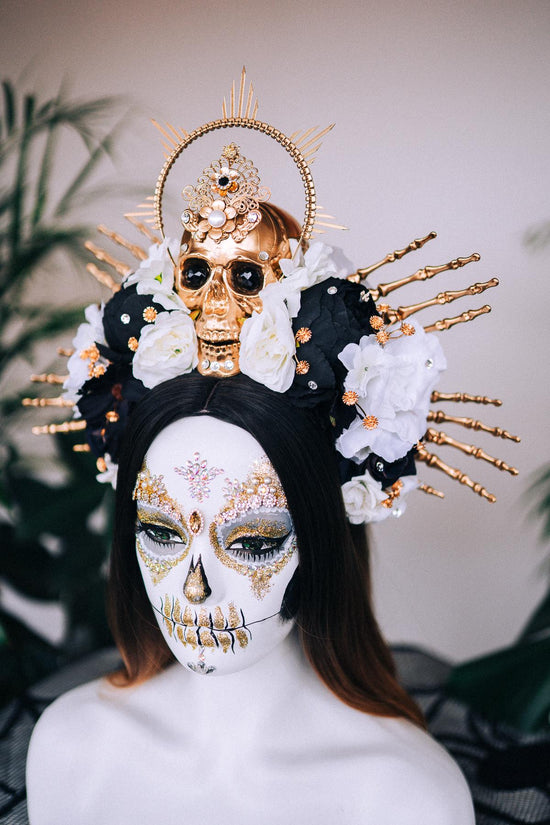 Black and white  flower crown, Sugar skull, La Catrina flower crown, Halloween costume, Flower headpiece, Day of the Dead headpiece