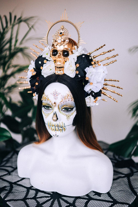 Black and white  flower crown, Sugar skull, La Catrina flower crown, Halloween costume, Flower headpiece, Day of the Dead headpiece