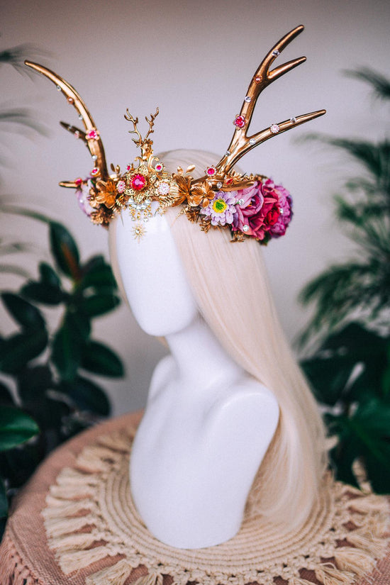 Pink deer flower crown, Flower crown with antlers, Gold boho crown, Deer costume Halloween, Reindeer crown, Fairy crown, Elf tiara