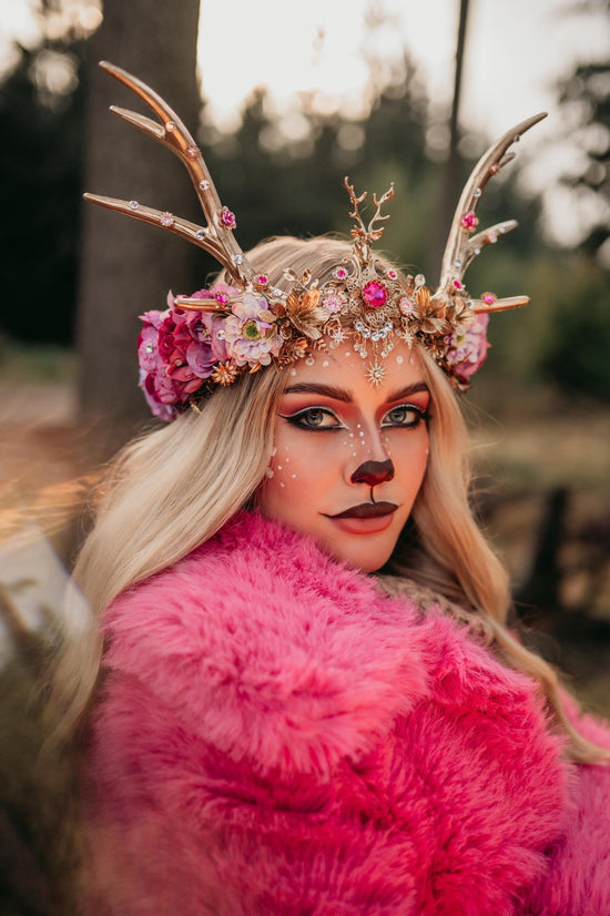 Pink deer flower crown, Flower crown with antlers, Gold boho crown, Deer costume Halloween, Reindeer crown, Fairy crown, Elf tiara