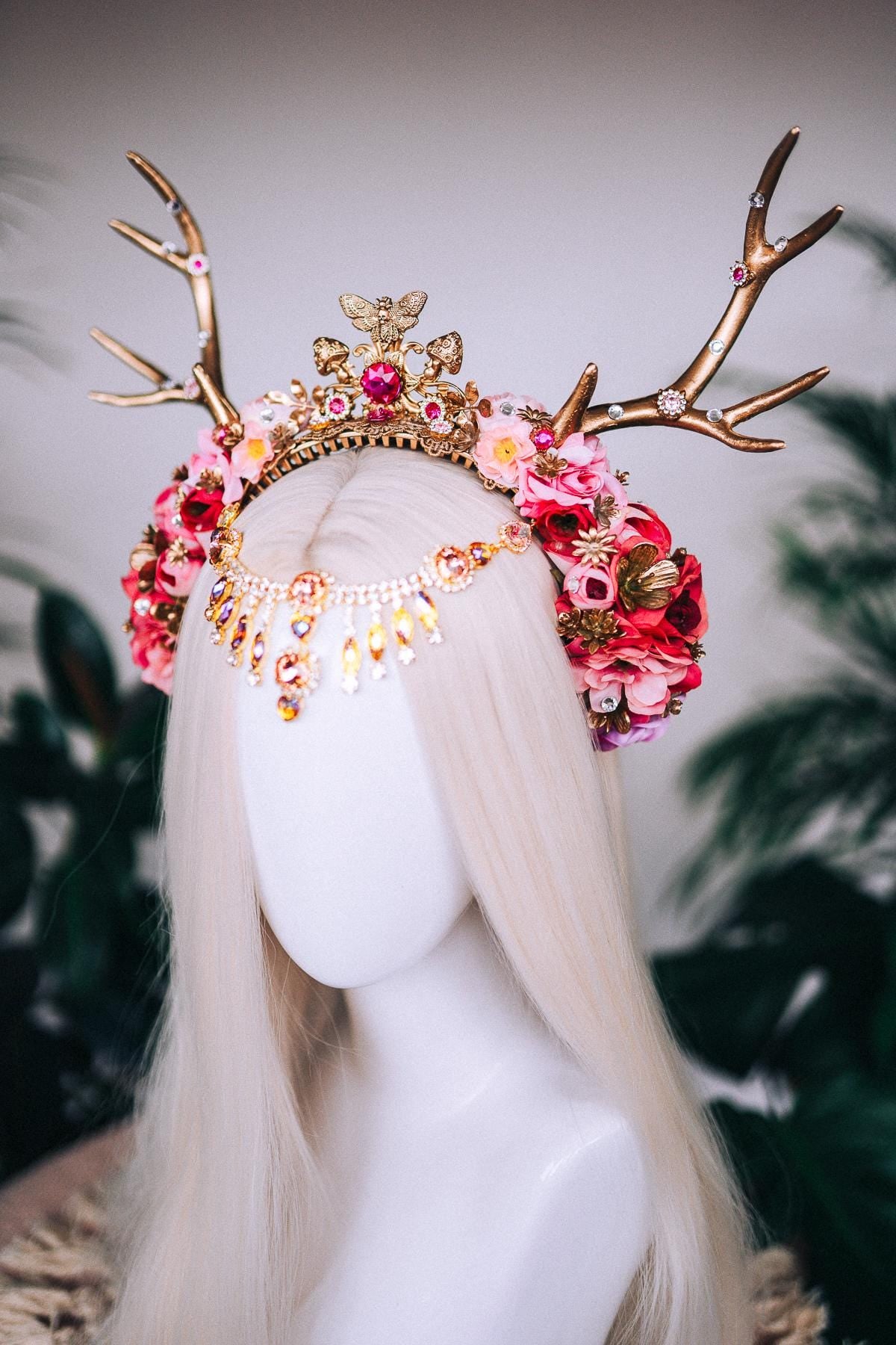 Deer flower crown with stones, Flower crown with antlers, Gold boho crown, Deer costume Halloween, Reindeer crown, Fairy crown, Elf tiara