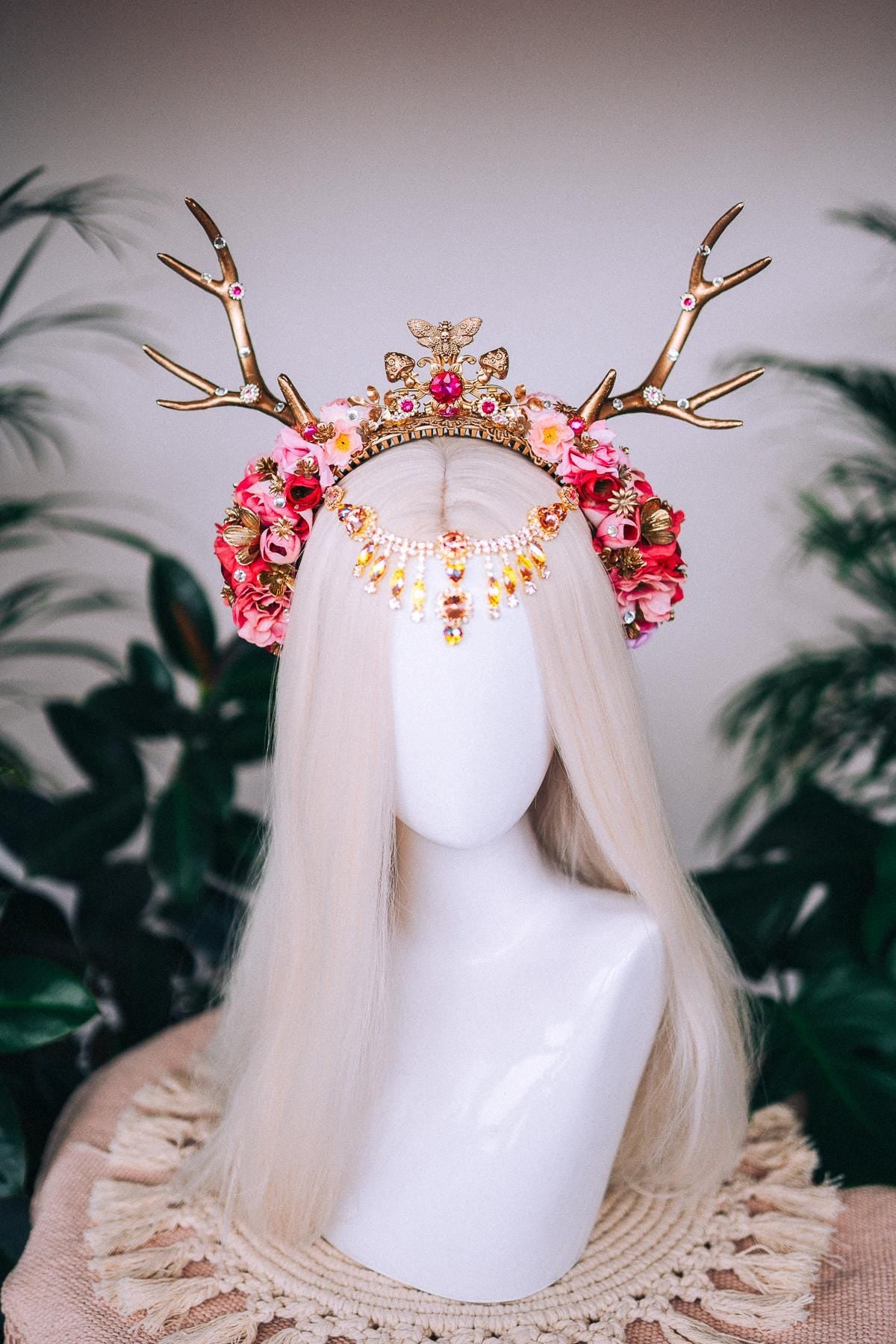 Deer flower crown with stones, Flower crown with antlers, Gold boho crown, Deer costume Halloween, Reindeer crown, Fairy crown, Elf tiara